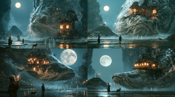 colossal ancient carp-dragon spirit with long pale whiskers and moss-dulled iridescent scales, gliding low through moonlit flooded rice terraces at night, a small wooden shrine with palm-thatch roofs and glowing amber paper lanterns riding on its back, tiny figures: an old woman lighting incense, a man gazing at a distant hill, a thin brown dog, pale ghostly figures standing in the water, low mist, full moon reflected in the paddies, blue-green moonlight and warm lantern glow, sacred, melancholy, quietly eerie, asian old-world landscape, painterly concept art, immense scale, cinematic wide shot