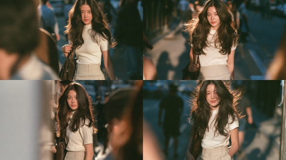 cinematic candid medium street photograph of a beautiful 25 year old east asian woman, sweet youthful face, large bright almond eyes with aegyo sal, softly rounded cheeks, small nose, full pink lips, subtle warm smile. long thick dark chocolate brown hair in voluminous loose waves, natural center part. feminine hourglass figure wearing a fitted ivory short sleeved mock neck knit blouse, high waisted light beige tailored pencil skirt, dark brown leather shoulder bag. standing on a city sidewalk, slightly lower eye level angle, torso forward, head gently turning toward camera, one hand holding bag strap. medium shot from upper thighs up. golden afternoon backlight illuminating hair edges, soft light on face, subtle rosy skin, soft brown and cool gray shadows. blurred background silhouettes, minimal city scenery. nostalgic cinematic korean film still, authentic skin texture, 35mm film grain, creamy shallow depth of field, 85mm lens.