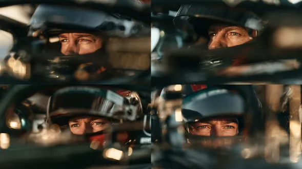 a premium editorial automotive photograph of a formula 1 driver seated inside the cockpit in a quiet backstage paddock moment, captured from a subjective, intimate point of view inspired by a close framed observational composition, with blurred cockpit elements and mechanical surfaces partially obscuring the foreground. the driver’s eyes are the emotional focal point, visible through the helmet opening with a calm, intensely concentrated expression, lit by sculpted natural light with a subtle golden hour warmth mixed with cool metallic reflections, deep blacks, muted charcoal and graphite tones, shallow depth of field, cinematic contrast, refined luxury color grading, and an elegant behind-the-scenes atmosphere shot on a canon eos r5 with an rf 85mm f/1.2l lens.