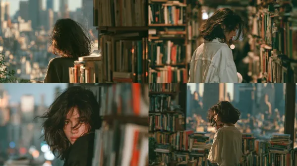 bookshelf. we only see behind her looking forward into the busy city. hyper realistic editorial magazine photography, candid digital point and shoot, direct on camera flash, natural frontal illumination, realistic specular highlights, softly defined shadows, subtle ambient background falloff, soft vintage lens character, delicate highlight bloom, subtle halation, natural depth of field, early 2000s digital camera aesthetic, fine sensor grain, lifelike skin texture, realistic anatomy, unretouched authenticity, muted warm neutral color palette, natural skin tones, subdued saturation, creamy highlights, restrained contrast, candid documentary framing, intimate observational composition. no cgi, no skin smoothing, no hdr, no cinematic grading, no exaggerated bokeh, no oversaturation, no staged stock aesthetic