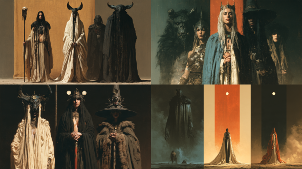 sci fi, fantasy, dark movie characters mood, monster, beast, warrior, witch, queen by gerald brom and julie bell