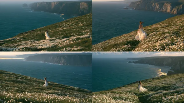 expansive fine-art coastal landscape photograph of a high rolling headland covered in countless small white wildflowers, the flower-covered land forming a sweeping diagonal toward a vast deep turquoise ocean, one tiny adult woman in a flowing ivory dress walking along the ridge toward warm morning light, distant rear view, her figure occupies only 4 percent of the frame height, wind visibly bending the flowers , immense layered coastal cliffs fading into pale blue atmospheric haze, a narrow ribbon of golden sunlight on the water, breathtaking scale, fresh air and quiet freedom, asymmetrical composition with a clean open area of ocean for later captions, professional medium-format travel photography, realistic botanical detail, restrained rich colors, natural light, no typography