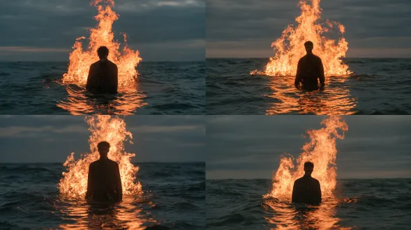 surreal scene featuring a dark silhouetted man in a buttoned shirt standing in the ocean. directly behind him, a massive burst of flame shoots upward, creating a fiery aura that encircles his upper body. the water reflects the brilliant orange light of the fire in jagged vertical ripples. above, the sky is filled with flat, uniform gray clouds, creating a muted, dark atmosphere contrasting with the burning fire.