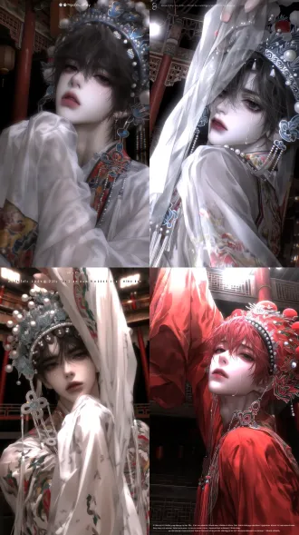 "8k ultra clear, 2.5d korean thick impasto style, perfect masterpiece. a beautiful male opera performer standing on a traditional chinese opera stage, waving his flowing sleeves, tears streaming gently down his face. expression: a deeply sorrowful and melancholic look, eyes glistening with tears, gazing softly forward or slightly downward, lips slightly parted, exuding a tragic, poignant, and untouchable beauty. action: standing on the opera stage, upper body facing forward, both arms gracefully waving the long flowing sleeves, body slightly turned in a dance pose, tears falling gently. clothing: ornate traditional chinese opera costume, layered with intricate embroidery, vibrant colors, flowing wide sleeves, and elaborate headdress with pearls and tassels. the outfit is theatrical, ornate, and full of traditional opera aesthetic. background: a traditional chinese opera stage, with blurred red pillars, carved wooden screens, hanging lanterns, and a dark, atmospheric backdrop. the background is softly blurred, creating a dramatic, poetic, and cinematic atmosphere. lighting: dramatic, high-contrast warm lighting, with a strong spotlight from above. the light creates strong contrasts on the pale skin, flowing sleeves, and embroidered costume, with a soft glow on the tears and a sharp reflection on the pearls and tassels. the overall color palette is dominated by rich red, deep black, and warm gold, creating a hyper-realistic, tragic, and cinematic aesthetic."