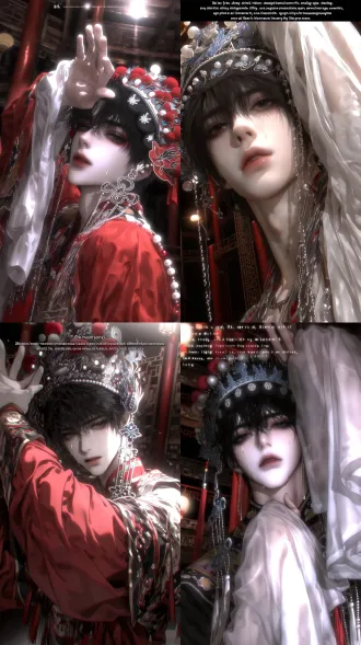 "8k ultra clear, 2.5d korean thick impasto style, perfect masterpiece. a beautiful male opera performer standing on a traditional chinese opera stage, waving his flowing sleeves, tears streaming gently down his face. expression: a deeply sorrowful and melancholic look, eyes glistening with tears, gazing softly forward or slightly downward, lips slightly parted, exuding a tragic, poignant, and untouchable beauty. action: standing on the opera stage, upper body facing forward, both arms gracefully waving the long flowing sleeves, body slightly turned in a dance pose, tears falling gently. clothing: ornate traditional chinese opera costume, layered with intricate embroidery, vibrant colors, flowing wide sleeves, and elaborate headdress with pearls and tassels. the outfit is theatrical, ornate, and full of traditional opera aesthetic. background: a traditional chinese opera stage, with blurred red pillars, carved wooden screens, hanging lanterns, and a dark, atmospheric backdrop. the background is softly blurred, creating a dramatic, poetic, and cinematic atmosphere. lighting: dramatic, high-contrast warm lighting, with a strong spotlight from above. the light creates strong contrasts on the pale skin, flowing sleeves, and embroidered costume, with a soft glow on the tears and a sharp reflection on the pearls and tassels. the overall color palette is dominated by rich red, deep black, and warm gold, creating a hyper-realistic, tragic, and cinematic aesthetic."