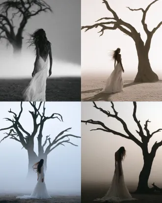editorial,vogue,model,long hair,fog,minimal style,uplight,white mermaid dress,tree desert namibia style,richard avedon style,grainy contrasted photography
