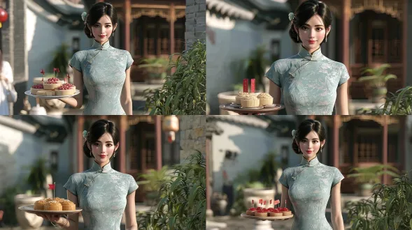 elegant chinese woman in light blue qipao walking with a plate of double ninth cake (重阳糕) with small red flags on top, gentle smile, chinese courtyard, warm sunlight, cinematic, 8k, photorealistic,