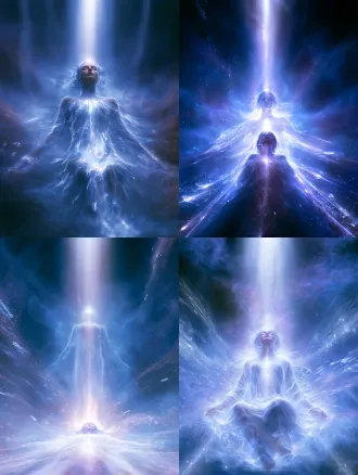 talent awakening image. a woman lying or sitting quietly, eyes closed, peaceful expression. around her body is a dim light-body outline, being awakened by a soft white light descending from above. the light body gradually brightens from dim to luminous, like a sleeping soul slowly waking up. floating around her: light streams, stardust, crystal particles flowing gently. background is blue-purple nebula, soft, translucent, quiet. the image conveys the feeling of "the inner light is awakening." healing, peaceful, powerful, surreal, spiritual aesthetics, soft lighting, 8k.