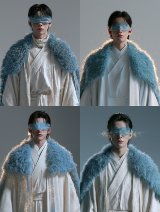 3d realistic live-action character reference portrait, a 17-year-old chinese boy, soft rounded youthful face, single eyelids, straight nose bridge, small round nose tip, naturally thin lips with a slight upturned smile, a small mole on the left side of his neck, natural black straight short hair with short sideburns trimmed and light bangs revealing the forehead, real teenage skin texture with fine pores and tiny vellus hairs, pale complexion, wearing a pure white cross-collar long robe with wide sleeves, a fluffy blue fur-trimmed cape over both shoulders, a translucent blue silk eye band covering his eyes, faint golden spiritual light particles floating around him, calm expressionless face, facing the camera, full-body standing portrait, entire figure fully in frame from head to toe, plain solid-color seamless studio background, soft even studio lighting, photorealistic skin, cinematic depth of field, high detail
