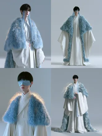3d realistic live-action character reference, single full-body portrait, one figure only, a modern 17-year-old chinese high school boy, clean black schoolboy crop with short sideburns and light bangs, soft rounded youthful face, single eyelids, straight nose, small round nose tip, thin lips with slight upturn, small mole on left side of neck, pale fair skin, wearing an ancient-style white cross-collar robe with wide sleeves and a fluffy blue fur-trimmed cape, a translucent blue silk veil covering both eyes, faint golden light particles around shoulders, calm expressionless, standing full body, head to toe, plain solid light-gray seamless studio background, even studio lighting, photorealistic skin, high detail