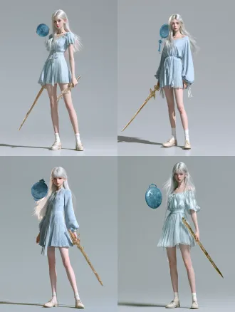 根据主图生成该人物图的三视图 3d realistic live-action character reference, single full-body portrait, one figure only, a 17-year-old chinese girl, soft rounded face, silver-white straight long hair flowing below shoulders, straight nose, small round nose tip, thin lips, small mole on left side of neck, natural skin, no makeup, wearing an ice-blue short dress with fine pleats to the knees, white socks, light leather shoes, a blue ancient bronze mirror with watery surface floating beside her left shoulder, holding a golden sword with bird-of-prey engravings in her right hand, cool agile expression, standing full body, head to toe, plain solid light-gray seamless studio background, even studio lighting, photorealistic skin, high detail