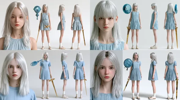 3d realistic live-action character turnaround sheet, one figure only, white studio background, the left third is a large close-up headshot of the character facing the camera, the right two-thirds shows three full-body views of the same character arranged horizontally: front view, strict 90-degree side profile view, back view, all three equal in height aligned on the same ground line, complete from head to toe, a 17-year-old chinese girl, soft rounded youthful face, straight nose, small round nose tip, thin lips, one single small mole on the left side of neck, natural fair skin, no makeup, silver-white straight long hair flowing below shoulders, wearing an ice-blue short dress with fine pleats to the knees, white socks, light leather shoes, a blue ancient bronze mirror with watery surface floating beside her left shoulder, holding a golden sword with bird-of-prey engravings in her right hand, cool calm expression, the side view and the back view must show the exact same outfit and accessories as the front view, no extra figures or clothing edges appearing in any view, even studio lighting, photorealistic skin, high detail