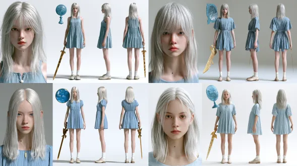 3d realistic live-action character turnaround sheet, one figure only, white studio background, the left third is a large close-up headshot of the character facing the camera, the right two-thirds shows three full-body views of the same character arranged horizontally: front view, strict 90-degree side profile view, back view, all three equal in height aligned on the same ground line, complete from head to toe, a 17-year-old chinese teenage girl with east asian chinese facial features, soft rounded youthful face, single eyelids or inner double eyelids, straight nose, small round nose tip, thin lips, one single small mole on the left side of neck, natural fair skin, no makeup, silver-white straight long hair flowing below shoulders, wearing an ice-blue short dress with fine pleats to the knees, white socks, light leather shoes, a blue ancient bronze mirror with watery surface floating beside her left shoulder, holding a golden sword with bird-of-prey engravings in her right hand, cool calm expression, the side view and the back view must show the exact same outfit and accessories as the front view, no extra figures or clothing edges appearing in any view, even studio lighting, photorealistic skin, high detail