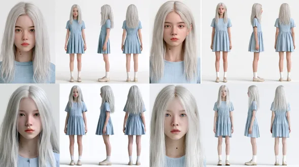 3d realistic live-action character turnaround sheet, one figure only, white studio background, the left third is a large close-up headshot of the character facing the camera, the right two-thirds shows three full-body views of the same character arranged horizontally: front view, strict 90-degree side profile view, back view, all three equal in height aligned on the same ground line, complete from head to toe, a 17-year-old chinese teenage girl with east asian chinese facial features, soft rounded youthful face, single eyelids or inner double eyelids, straight nose, small round nose tip, thin lips, one single small mole on the left side of neck, natural fair skin, no makeup, silver-white straight long hair flowing below shoulders, wearing an ice-blue short dress with fine pleats to the knees, white socks, light leather shoes, empty hands no props, the side view and the back view must show the exact same outfit as the front view, no extra figures or clothing edges appearing in any view, even studio lighting, photorealistic skin, high detail