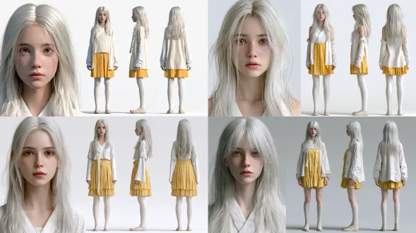 3d realistic live-action character turnaround sheet, one figure only, white studio background, the left third is a large close-up headshot of the character facing the camera, the right two-thirds shows three full-body views of the same character arranged horizontally: front view, strict 90-degree side profile view, back view, all three equal in height aligned on the same ground line, complete from head to toe, a cute 17-year-old chinese girl, about 165cm, slim upright posture, silver-white long hair flowing below shoulders, soft round face, big bright eyes, sweet girlish charm, natural skin with visible pores, wearing a layered ancient hanfu in white and yellow, white cross-collar inner robe with white sleeves, yellow short pleated skirt to the knees, white knee-length stockings, light shoes, empty hands no props, the side view and the back view must show the exact same layered hanfu outfit as the front view, no extra figures or clothing edges appearing in any view, even studio lighting