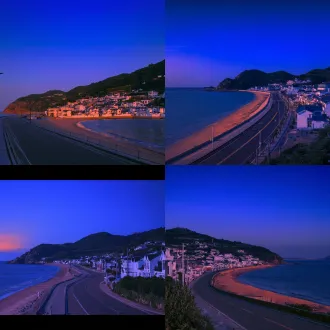 平视，傍晚的海岸边公路，中国的海边小镇，平视，房子比参考图少很多。远处是夕阳刚落下，近处是蓝调时刻，写实，浪漫，整体是偏写实的风景照，请不要改变参考图中，海岸线的形状，大海和房子的相对位置。