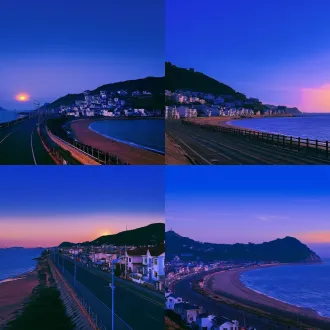 平视，傍晚的海岸边公路，中国的海边小镇，平视，房子比参考图少很多。远处是夕阳刚落下，近处是蓝调时刻，写实，浪漫，整体是偏写实的风景照，请不要改变参考图中，海岸线的形状，大海和房子的相对位置。