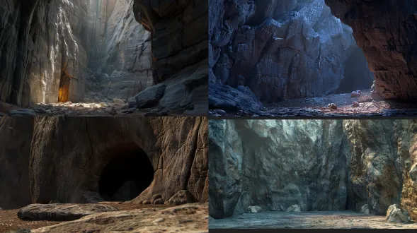 disney pixar style, 3d animation movie still, a small rock alcove in a canyon wall, sheltered from the wind, grey and brown rock textures, slightly dark and quiet, soft ambient lighting reflecting off walls, a safe haven feeling, octane render, cinematic composition, highly detailed