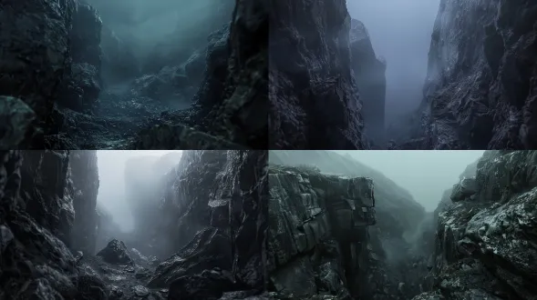 disney pixar style, 3d animation movie still, narrow rocky crevice at the bottom of a canyon, massive sharp boulders, thick eerie black fog rolling in the background, cold and dark atmosphere, mysterious and terrifying, depth of field, volumetric fog, cinematic lighting, unreal engine 5 render