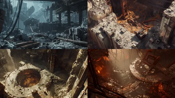 disney pixar style, 3d animation movie still, edge of a massive deep canyon abyss, scattered giant metal debris and twisted rusty pipes, broken industrial structures, epic and dangerous atmosphere, dramatic lighting with dark shadows in the abyss, unreal engine 5 render, wide-angle shot showing the scale, highly detailed