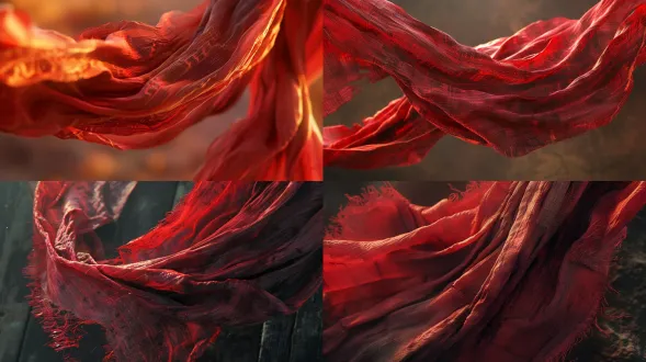 disney pixar style, close up of a worn-out, tattered red scarf, fluttering in the wind, cinematic lighting, highly detailed fabric texture