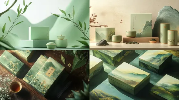 径山茶叶古风包装设计，平面构成，图案化茶叶，嫩绿赭石配色，纸盒纸杯，茶叶茶树枝茶山，典雅国风，平视构图，柔和漫射光，细腻纹理，传统雅致。