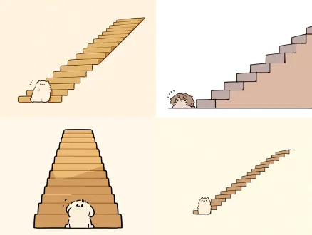cartoon comic, single illustration, cute chibi character, facing extremely high long steep stairs, stairs go far up out of sight, character at bottom of stairs, anxious expression, worried face, helpless, cannot climb up, flat color style, clean outline, simple background, emotional scene