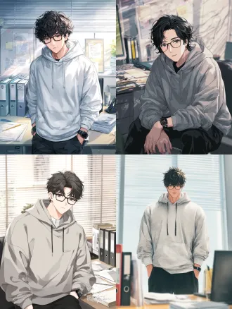 杰作，最高画质，细节拉满，一个男生，高大强壮男性，脸部线条柔和，下颌不硬朗，黑色蓬松凌乱短发，黑方框眼镜，hot nerd，帅气，五官清爽干净柔和，纯真腼腆神态，浅淡唇色，浅灰色宽松连帽卫衣，黑色运动长裤，手腕佩戴智能手表，适度健身肌肉，肌肉不夸张，柔和的脸和健壮身材形成反差，坐在办公室里，背景有办公桌、文件夹、电脑、百叶窗，柔和室内自然光，韩系厚涂 cg 画风，细腻皮肤，低饱和冷色调，浅景深，半身近景，直视镜头，高级cg质感，伪厚涂cg，2.5d校园书卷人像美术，bjd风格人像，写实二次元插画风格。