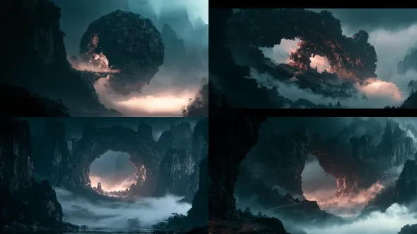 wide cinematic landscape, a colossal broken stone ring spanning an entire valley, half buried in drifting fog, its fractured opening glowing with warm light, a tiny thread of a mountain road passing through the arch, one speck of a human figure for scale, no buildings muted desaturated cinematic palette, deep teal-green in all shadows, cool dark cyan sky, luminous warm cream and pale amber haze as the only warm source, near-white glowing fog in the lower right, colour temperature split between cool shadow and warm highlight, saturation held to a muted 30 percent strong left-to-right luminance split, the left third falls into deep darkness, the right side glows, at least a two to one brightness difference between left and right, deep crushed blacks, bright airy highlights, strong contrast, large format film grain, extremely high dynamic range heavy volumetric haze and layered mist drifting across the middle, soft backlight glowing through the fog, atmospheric depth with distant forms dissolving into the mist, wide establishing shot, deep layered depth, low horizon, cinematic composition