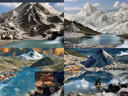 浮世会与东方国风美学相结合，在现实与平面中寻找平衡，融入浮雕艺术；不能过于写实，线条要赋予水的美感，不多图拼单张输出；溪边晾着陶坯，水面映着影子。牧人的手在转盘上拉坯，泥料在指尖成型。窑火中陶壶泛出黑色光泽。成品黑陶壶冒着热气，溪水从壶边流过。