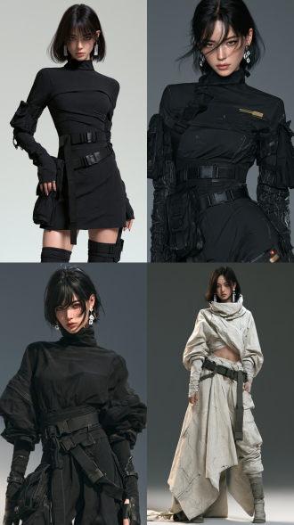 26岁东亚冷感高瘦女性正面全身站姿，9:16竖版，写实cg超高清，纯深灰背景，正面均匀柔光，冷调轮廓光，黑色短发推短露三枚晶质耳钉，纯色素色机能套装，霜纹电路走线，五官清晰，无多余元素