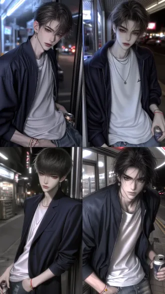 2.5d korean manhwa style, semi-realistic illustration, cinematic night lighting, cold fluorescent glow, desaturated grunge tone, film grain, low-key moody atmosphere. a handsome young man outside a convenience store at night, half body framing from the waist up. realistic adult male proportions, 7.5 head figure, small head, broad shoulders, narrow waist, long slender neck, visible collarbone and throat. narrow long face, sharp jawline, pale skin, tired indifferent expression, cool gaze toward the camera. thick black wild sword brows, heavy brow bone, long narrow phoenix eyes, eyes small in proportion to the face, inner double eyelids, deep black irises, thin lips with slightly downturned corners. messy layered black short hair with a full fringe over the brows, neck not covered by hair. three earrings in his left ear, a thin red string bracelet with three small gold beads on his right wrist, thin silver rings, layered thin silver chain necklaces. dark navy stand-collar zip jacket worn open over a plain white crew-neck tee, washed faded denim. one hand in his pocket, the other holding a canned coffee, leaning against the storefront. blurred street and neon reflections behind him.