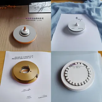 我需要用环形硅胶锁温软垫环绕住恒温材料制成的防烫网底座，底座上放置附子饼，往上是镂空铝合金均热板用于锁温促渗，再往上是锥形聚热集热腔用于放艾柱，请帮我完善这个改良版隔附子饼灸装置并生成图片