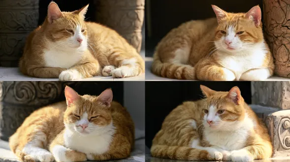 低机位平视，胖橘猫蜷缩廊柱阴影，缠枝莲纹廊柱积香灰带龟裂纹，100mm微距镜头，f/1.4光圈，极浅景深，晨光侧逆光，轮廓光，露珠挂毛尖，暖色调，静谧柔和