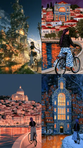 anime illustration, night harbour town stacked on a terraced hillside, a huge ornate blue-and-gold arched facade glowing with warm lit windows at the centre, rows of red red-roofed houses cascading down both sides, canal with warm orange reflections in the foreground, deep violet and navy night sky, a girl with a long violet braid, black speckled top and blue-and-white patterned long skirt riding a bicycle on a curving road at the right edge, thick oil-paint brushwork, visible hand-painted edges, high saturation, cold blue-violet against warm orange window light, cinematic vertical composition