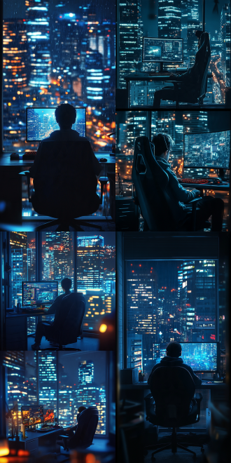 电影分镜，横版16:9，3d渲染，故事板，写实夜景狭小出租屋全景，疲惫上班族男生瘫在电竞椅上，全身笼罩电脑冷蓝光，窗外零星城市灯火，房间空旷冷清，缓慢向前推镜，压抑孤寂氛围，低饱和度