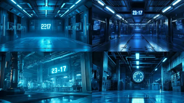 地下工作室核心空间，居中构图，冷蓝色调，金属玻璃结构，恒温箱排列，电子钟显示23:17，冷荧光顶光，广角镜头，高锐度，赛博工业风，冷峻疏离。