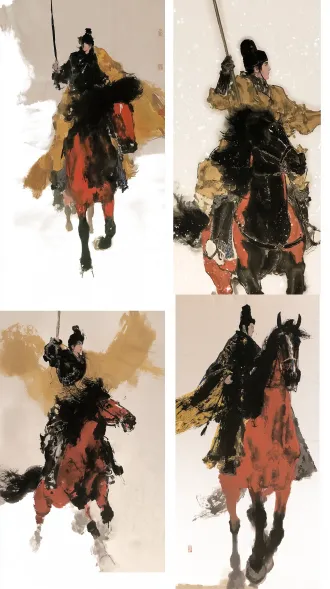 中国工笔画，红黑马，黑衣男子，留白构图，宣纸质感，朱砂红，墨黑，石青点缀，散点透视，柔漫自然光，沉稳雅致，线条流畅，古典意境。