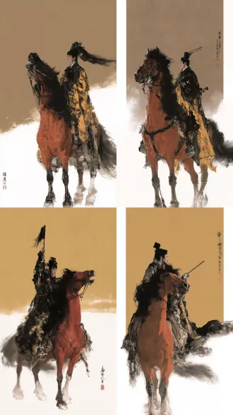 中国工笔画，红马黑服男子，对称构图，宣纸质感，朱砂主色，墨色晕染，细笔勾勒，柔和天光，静立凝望，典雅庄重。