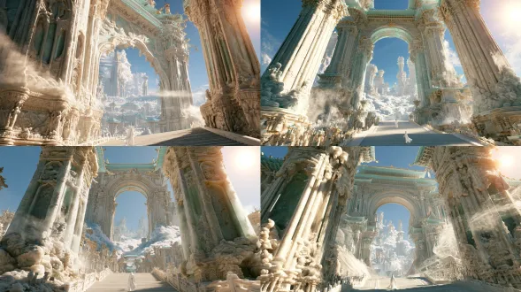 ultra-realistic 3d cinematic rendering, a 4:5 vertical chinese immortal celestial palace scene, unreal engine 5 level high-precision environment modeling, physically based material system, realistic global illumination, path-traced quality, cinematic volumetric lighting, high dynamic range. shot with a 16mm ultra-wide-angle lens from an extremely low ground angle, looking up at a city-sized white jade heavenly gate. the gate tower rises high and extends beyond the top of the frame, with two massive gate pillars dominating the left and right foreground, while the colossal central arch frames distant cloud-sea palaces and pavilions. the architecture uses ivory white jade stone, translucent light green jade, pale cyan-glazed roof tiles, and sparing restrained golden details. the pillars feature authentic relief carvings, cloud motifs, stone joints, subtle weathering, micro-wear, recessed shadow crevices, and delicate reflections. a broad white jade heavenly staircase ascends from the lower right into the archway, diminishing steadily toward a strong central vanishing point. at the center of the staircase stands only one extremely small white-robed immortal seen from behind, occupying less than 2% of the frame height, used solely as a scale reference. the sky is bright azure; the high sun on the right casts soft warm rim lighting, while the white jade surfaces carry subtle sky-blue environmental reflections. translucent mist and silk-like clouds curl around the pillars; distant palaces soften through atmospheric perspective while remaining legible in deep focus. overall palette of cyan-white, ivory white, pale gold, moderately bright exposure, realistic camera exposure, cinematic concept design composition, 8k-level architectural detail density. the final image must present believable space, massive weight, physically accurate lighting, and real-world materials as a finished ultra-realistic 3d cinematic render. negative prompt: 2d illustration, anime, manga, painterly concept art, hand-drawn brushwork, paper texture, chinese flat-color illustration, watercolor, ink wash, meticulous chinese painting, thick cartoon rendering, low poly, game screenshot, plastic model, miniature landscape, flat materials, fake lighting, gloomy sky, black clouds, underworld atmosphere, horror mood, ruins, dilapidation, traditional red palace gates, european castles, modern architecture, cyberpunk, neon lights, oversaturated gold, blown-out pure white, fisheye distortion, bokeh background, blurred background, crowded crowds, character close-up, deformed limbs, garbled artifacts, text, logo, watermark