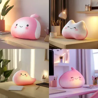 e-commerce product photography, a cute peach-shaped lumbar support pillow, pink and white gradient plush material, ergonomic s-curve design perfectly fitting the lower back, cute smiling face, detachable washable cover, placed on a stylish desk, soft ambient lighting, high-end studio setup, 8k resolution, 3d render, c4d style, pastel background