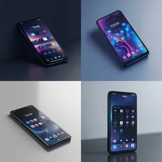 honor flagship smartphone mockup, magic series design language, floating quad-curved display, ultra-narrow bezels, metal mid-frame, soft midnight blue / velvet black finish, 30-degree side angle, clean light gradient background, screen on, magicos ui. screen shows a custom music app icon system: dock center brand icon — rounded square, deep blue-purple to neon cyan gradient glassmorphism, white minimalist musical note fused with waveform lines, subtle vinyl record texture ring, small text "loop" below. surrounding icons: play/pause, previous, next, loop, shuffle, favorite heart, playlist, search, download, share, lyrics toggle. unified icon language: rounded linear strokes, consistent stroke weight, neon cyan-purple gradient accents, default and active states, consistent corner radius and lighting, ios/magicos style icon system. soft curved screen reflections, status bar, dock highlight, accurate undistorted icons. studio softbox lighting, left key light, right rim light, soft floor reflection, shallow depth of field, commercial advertising grade render, 8k ultra hd, photorealistic product mockup, octane render, sharp focus.
