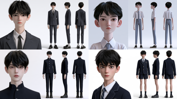 高精度3d半写实国漫男性角色设定图，精致bjd人偶感男性五官，3d微写实cg渲染，真实立体建模质感，非2d插画，非真人摄影。 18岁中国高中生，校服 人物四视图角色设定排版，横向16:9。左侧为同一男性人物的大幅正脸端正面部特写照，人物平视镜头，完整展示头顶、面部五官、妆容、发型、肩颈、上胸部；右侧依次并列展示同一人物的正面全身、标准90度侧面全身、背面全身。四个视图必须为同一位男性，脸部一比一严格一致，五官、脸型、肤色、发型、服装、鞋子完全一致。 人物净身高183cm，九头身模特比例，头部大小自然，肩宽腰窄，肩线平直，身体纤细修长但保留男性骨架，手臂自然修长，腰线偏高，双腿极其修长，腿部长度约占身高二分之一以上。正面人物端正站立。 纯白无缝影棚背景，影棚级柔和布光，正面柔光与轻微轮廓光，85mm人像镜头，f/2.0大光圈质感，浅景深但三张全身视图保持清晰，电影级商业影棚布光，高级时装大片质感，真实摄影级光影，超精细3d材质，毛发级发丝细节，干净高级画面，高清，8k，无文字，无标注，无logo，无水印。 重要限制：明确是动漫角色，不是真人，不要真人感，不要照片感，不要写实人类摄影质感，不要真实演员脸；保持明显的3d国漫古偶角色审美，五官精致理想化、略带动漫比例，人物具有高级3d动画电影角色质感。