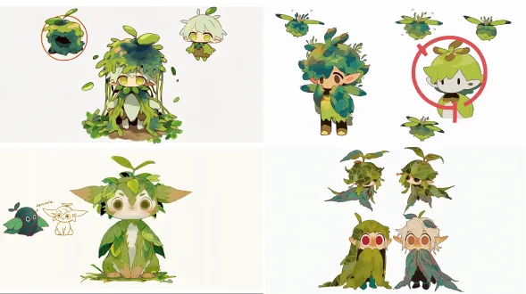 角色：灰苔，苔藓植物精灵，保留原图绿色配色，小巧外形。 参考图二红圈植物灵，苔藓叶片融合在头部和肩膀，圆润几何造型；参考图一怪趣手绘图，圆圆的大眼睛，柔和松弛轮廓。 只优化造型，保留角色辨识度，不更换人设，国风二维平涂，全身立绘，纯白背景，动画短片角色，干净线条