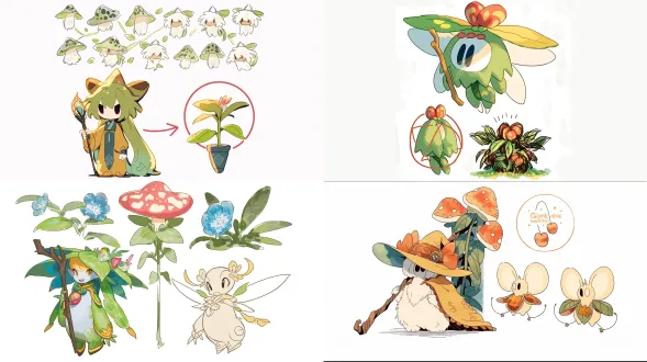图一角色妙芝，灵芝精灵，保留原有配色、法杖、灵芝人设，仅优化造型。 参考图二红圈植物灵：植物与躯体融合，细长几何概括身形；参考绘本动画：粗黑手绘轮廓，水彩纸肌理，简约夸张造型，童话手绘质感。 全身角色立绘，纯白背景，二维手绘，不改动角色核心识别特征，毕设动画角色设计