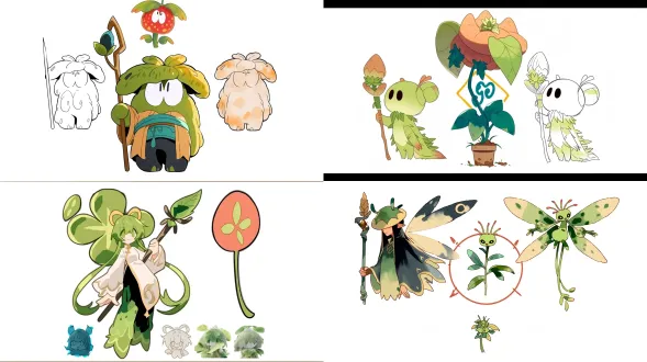 图一角色妙芝，灵芝精灵，保留原有配色、法杖、灵芝人设，仅优化造型。 参考图二红圈植物灵：植物与躯体融合，细长几何概括身形；参考绘本动画：粗黑手绘轮廓，水彩纸肌理，简约夸张造型，绘本手绘质感。 全身角色立绘，纯白背景，二维手绘，不改动角色核心识别特征，毕设动画角色设计