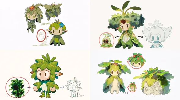 角色：灰苔，苔藓植物精灵，保留原图绿色配色，小巧版外形。 参考图二红圈植物灵，苔藓叶片融合在头部和肩膀，圆润几何造型；参考图一怪趣手绘草图，圆圆的大眼睛，柔和松弛轮廓。 只优化造型，保留角色辨识度，不更换人设，国风二维平涂，全身立绘，纯白背景，动画短片角色，干净线条