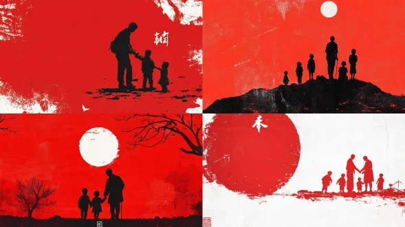 雷锋扶老携幼剪影，居中构图，高饱和正红背景，醒目白字核心标题，石版印刷质感，细微纸纹颗粒，硬朗平面设计，极简克制，温暖正向，展览级海报。