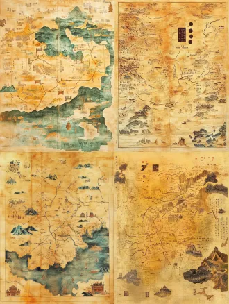 创作一幅唐代佛教法脉东传路线古地图，仿唐代敦煌绢画与古代舆图风格。泛黄绢本，水墨淡彩，赭石、朱砂、石青、石绿、金粉配色。画面覆盖印度、中亚、西域、吐蕃、南海、东南亚、中国、朝鲜半岛、日本。陆上丝绸之路用金色实线，海上航线用朱砂虚线。沿途绘佛塔、僧人、骆驼商队、帆船、海浪纹、山脉、云纹、罗盘。古地图平面俯瞰构图，无现代国界，无现代地名，无英文字母，无 3d，高清，3:2。