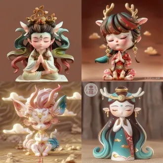 丝路主题九色鹿盲盒潮玩，闭眼合十冥想，敦煌飘带卷发，藻纹飘带金镯，低饱和红青配金，沙漠元素，亮面黏土，泡泡玛特风，柔光，深棕背景，全身，8k，octane渲染，ar3:4，niji6
